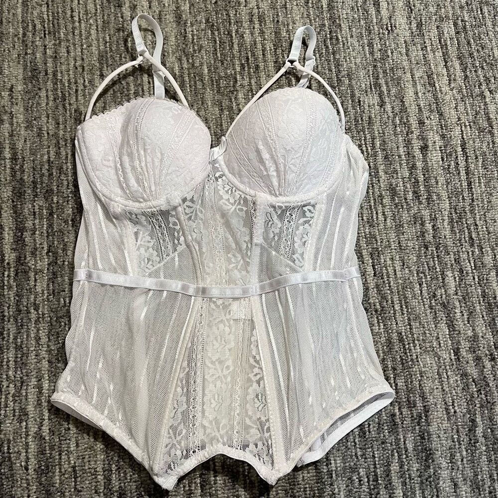 Womens Size Large Corset Bustier White Lace Floral Print Fairy Coquette